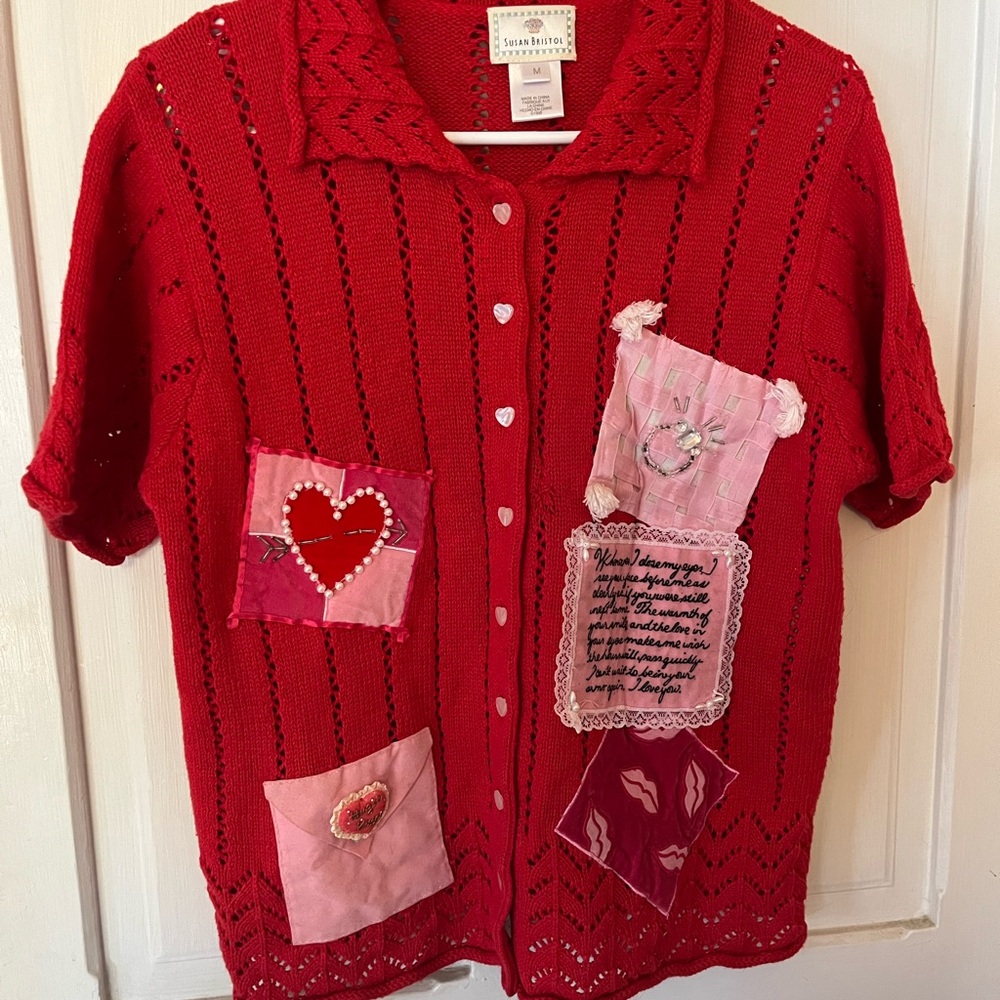Susan Bristol Red Cardigan Sweater Pink Valentine’s Day Cotton Short Sleeve M
